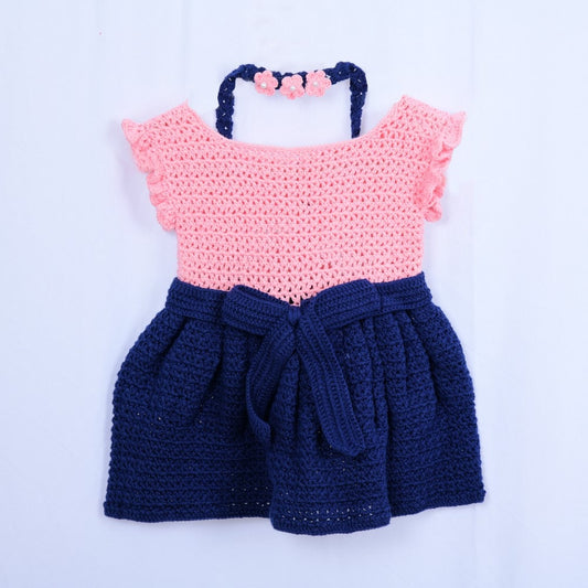 Elegant Crochet Frock – Pink & Navy Bow Charm
