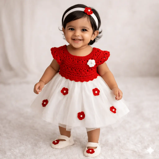 Red Complete Baby Outfit Set – Dress with Matching Shoes & Headband – handmade crochet baby dress by Veema Crochet