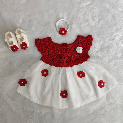 Red Complete Baby Outfit Set – Dress with Matching Shoes & Headband – close-up detail of crochet baby dress, Veema Crochet