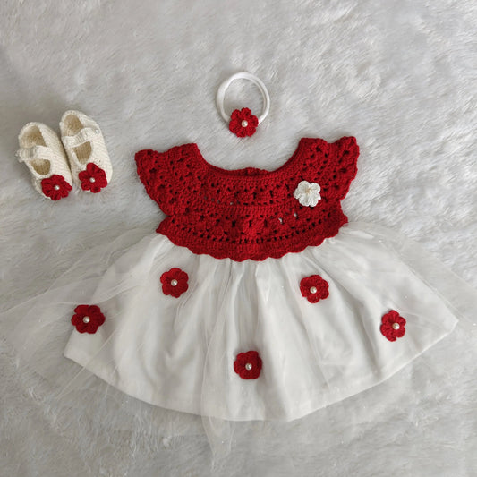 Red Complete Baby Outfit Set – Dress with Matching Shoes & Headband – close-up detail of crochet baby dress, Veema Crochet