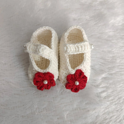 Red Complete Baby Outfit Set – Dress with Matching Shoes & Headband – styled view of crochet baby dress, Veema Crochet