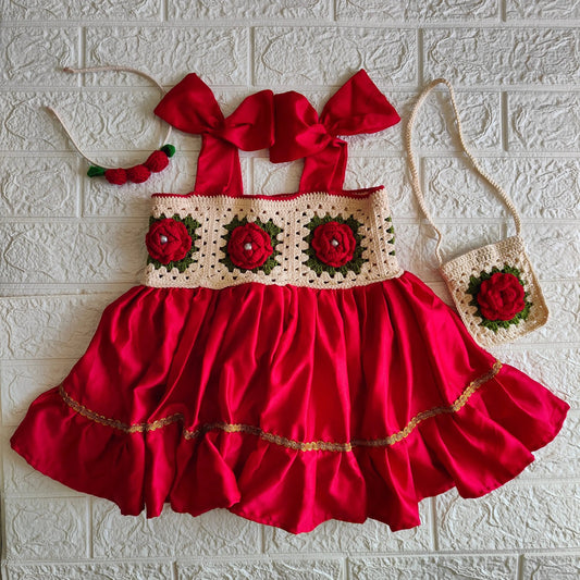 Red Rose Crochet Frock Set – close-up detail of crochet baby dress, Veema Crochet