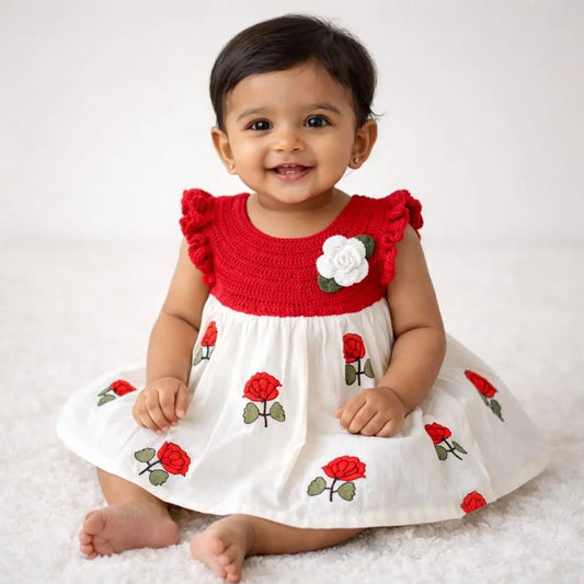 Red Crochet Frock – close-up detail of crochet baby dress, Veema Crochet