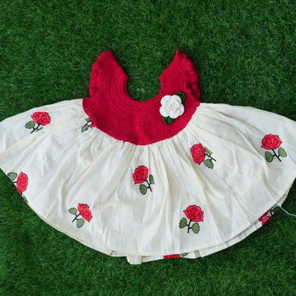 Red Crochet Frock – alternate angle of handmade crochet baby dress, Veema Crochet
