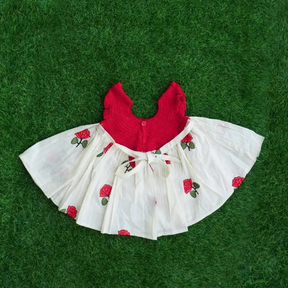 Red Crochet Frock – styled view of crochet baby dress, Veema Crochet
