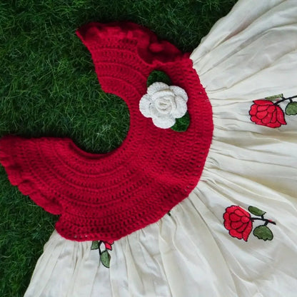 Red Crochet Frock – crochet baby dress shown in use, Veema Crochet handmade