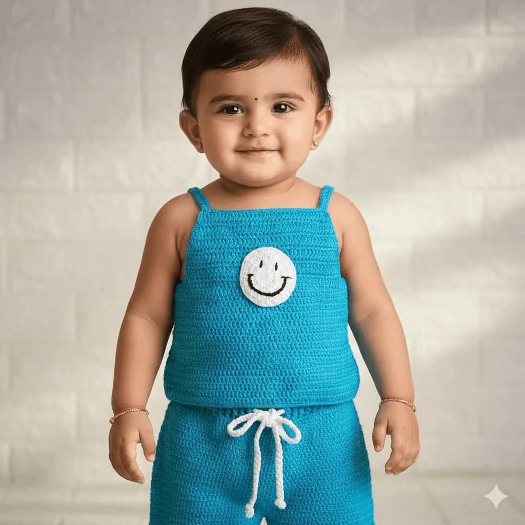 Smiley Crochet Pant & Top – close-up detail of crochet baby outfit, Veema Crochet