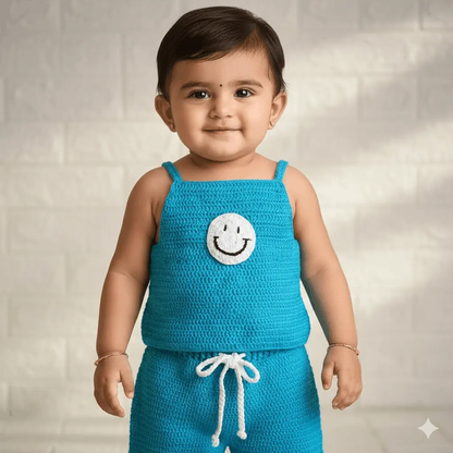 Smiley Crochet Pant & Top – close-up detail of crochet baby outfit, Veema Crochet