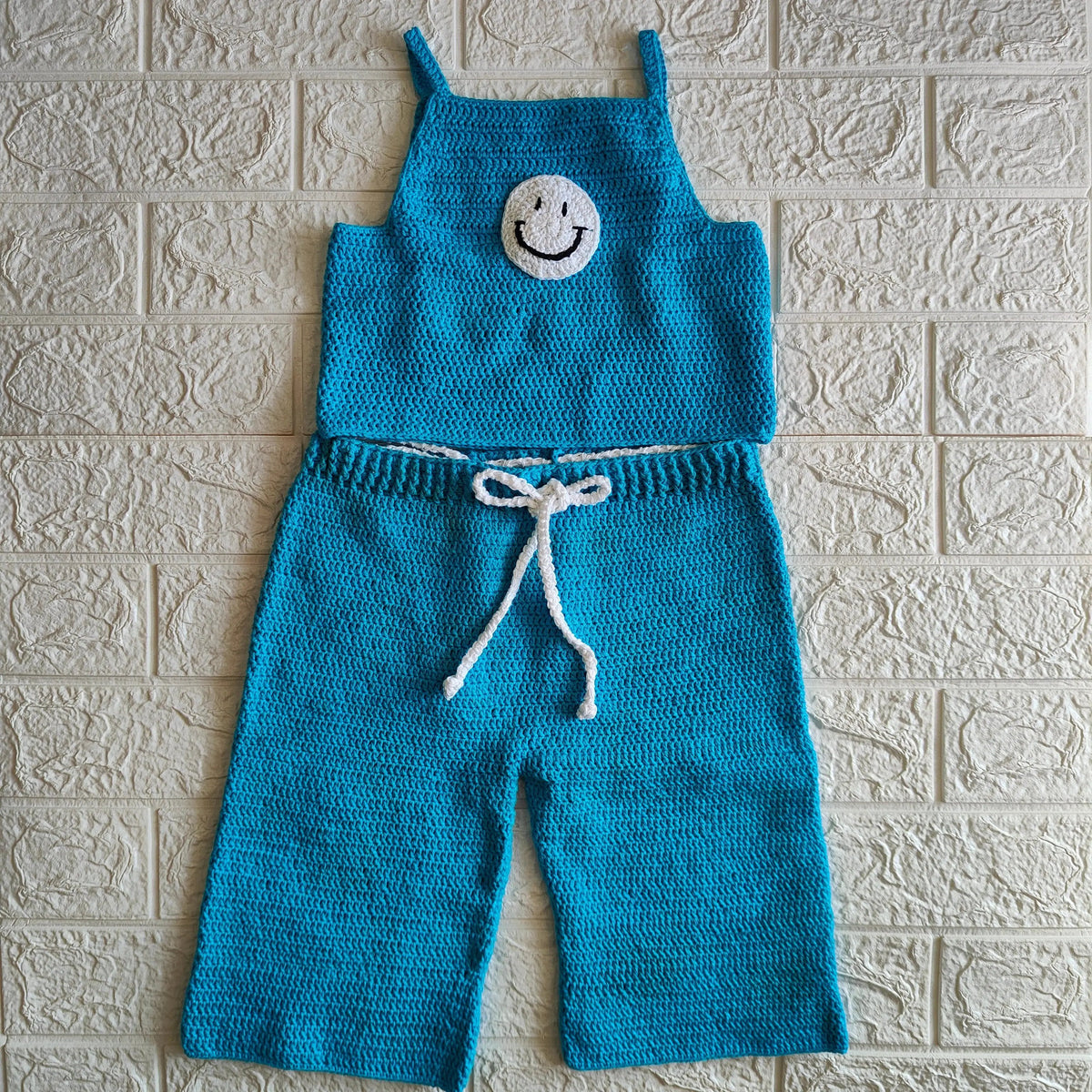 Smiley Crochet Pant & Top – alternate angle of handmade crochet baby outfit, Veema Crochet