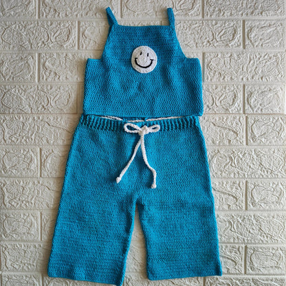 Smiley Crochet Pant & Top – alternate angle of handmade crochet baby outfit, Veema Crochet