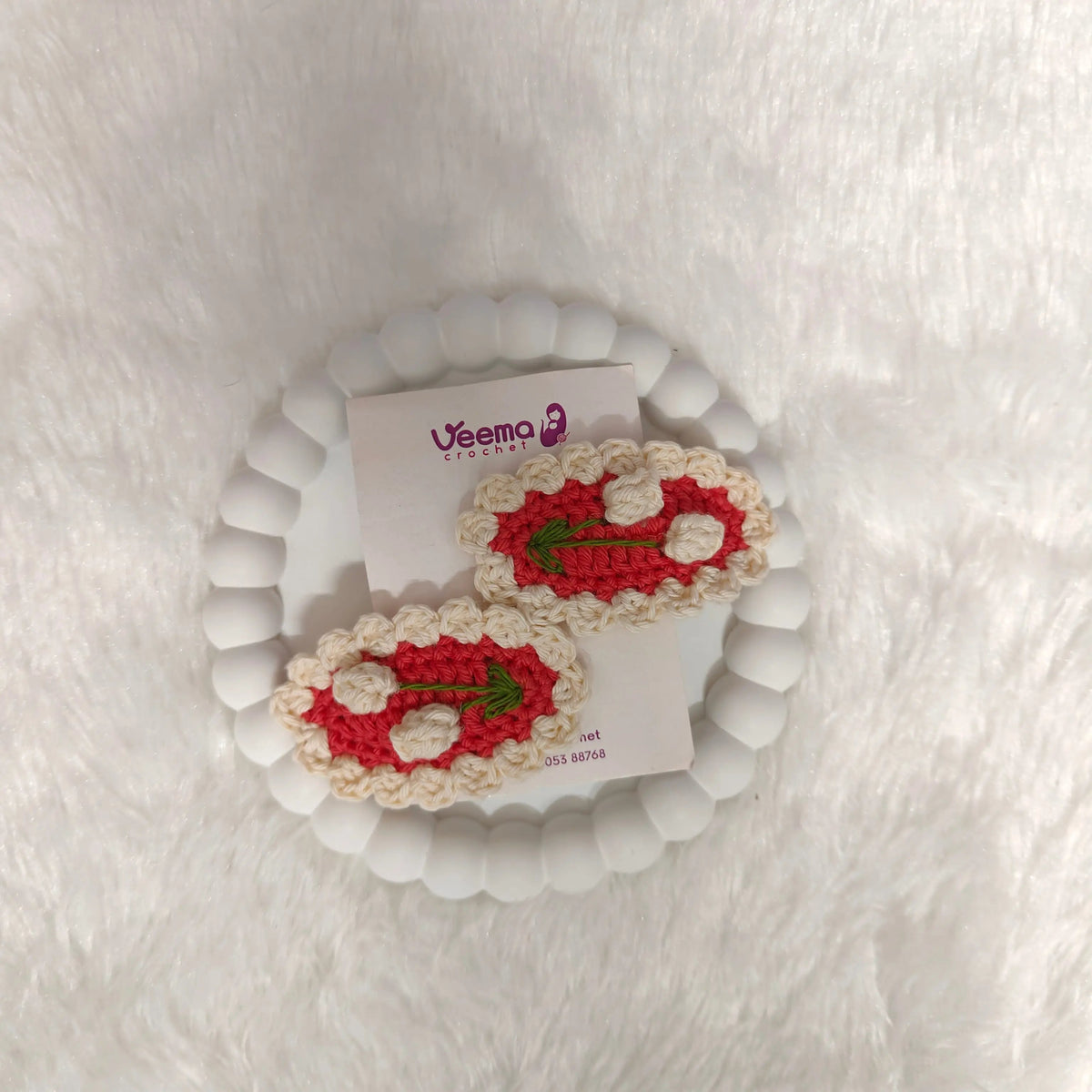 Strawberry Crochet Hair Clips – close-up detail of crochet hair clip, Veema Crochet