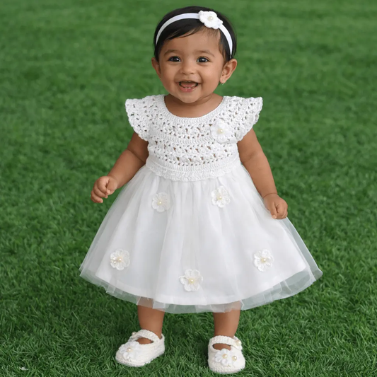 White Complete Baby Outfit Set – Dress with Matching Shoes & Headband – handmade crochet baby dress by Veema Crochet